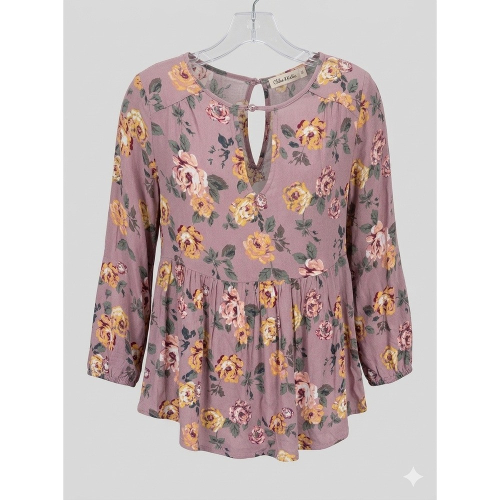 Chloe‎ & Katie Peplum Blouse XS Mauve Pink Floral Keyhole Romantic Babydoll BOHO